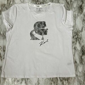 Karl Lagerfeld White Graphic T-Shirt Sz XL Casual Fun Lace Design